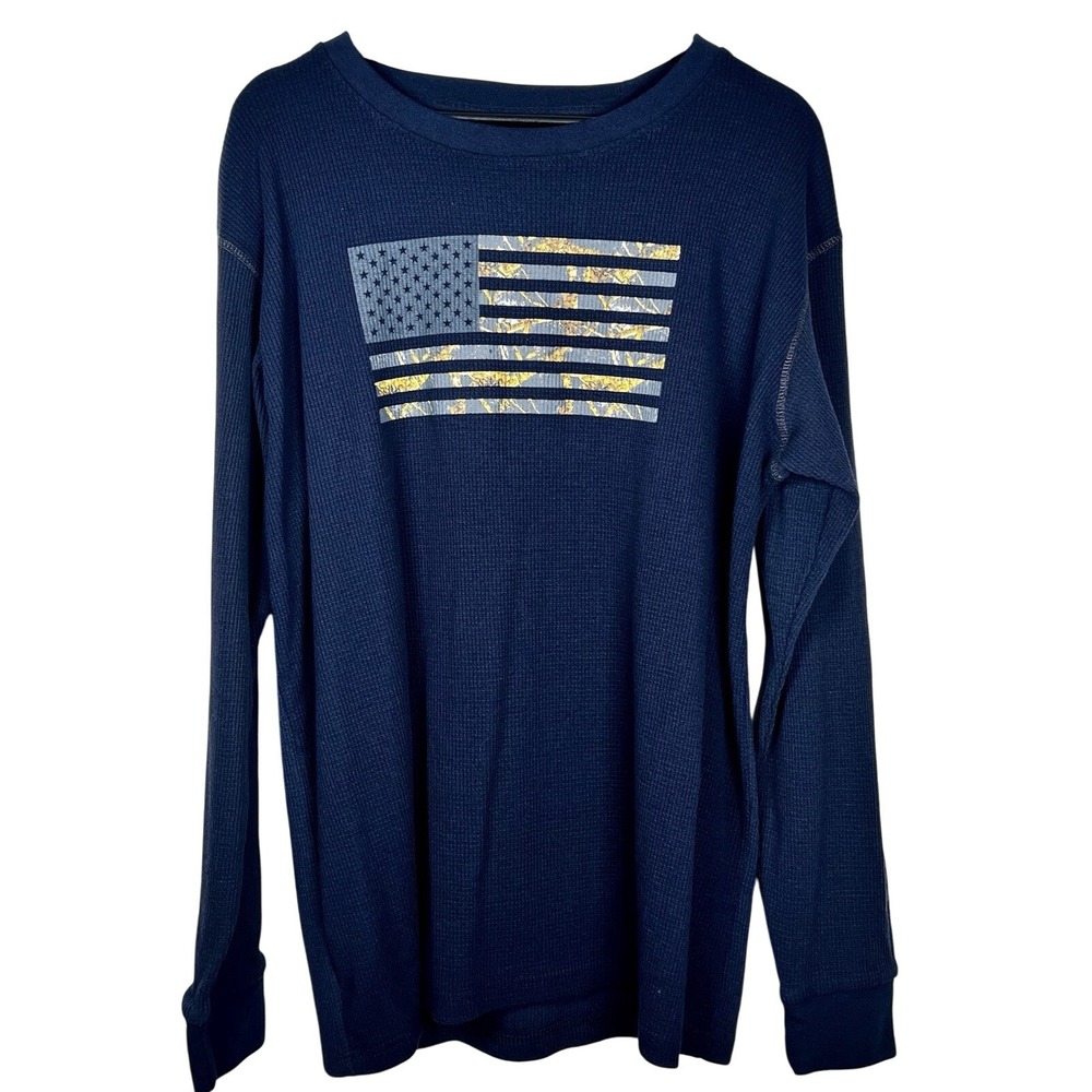 Realtree Mens Navy Blue Thermal Waffle Knit American Flag Graphic Shirt Size M